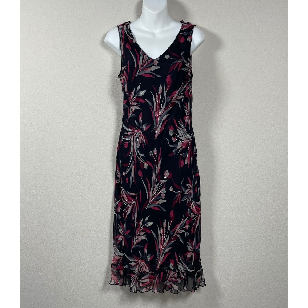 Robbie Bee Silk Floral Midi Dress Womens 10P Black Pink Beaded Dark Fairy Petite